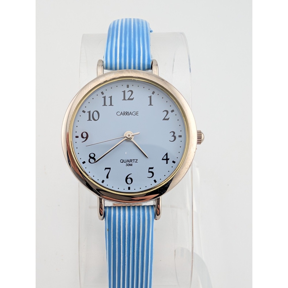 Timex Carriage Watch Women 27mm Silver Case Blue Leather Band- New Battery
